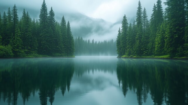 Reflection of the tranquil forest lake