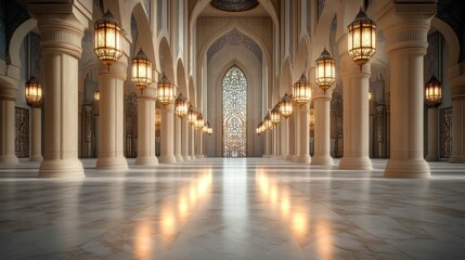 Majestic interior of a grand mosque with ornate arches and glowing lanterns illuminating the space