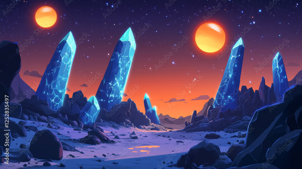 Poster parallax background alien planet 2d landscape in space, fantasy cosmic land with rocks, blue crystal