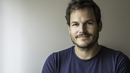 Fototapeta premium Young man smiling warmly, soft light enhancing his cheerful expression, minimal background.