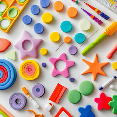 Fototapeta premium Colorful assortment of crafting materials and shapes on a white background.