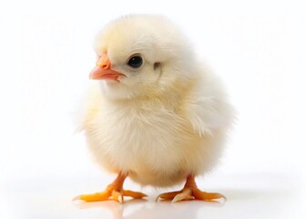Adorable Fluffy White Chickling Facing Forward on Pure White Background - Tilt-Shift Photography
