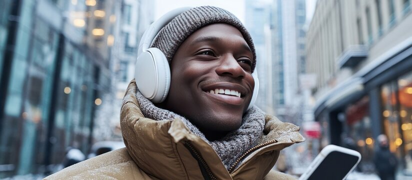 Man listening to music in winter city