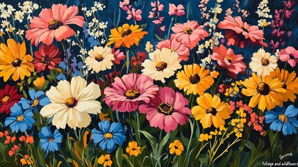 The artistic conception of the magnificent flower sea in oil painting