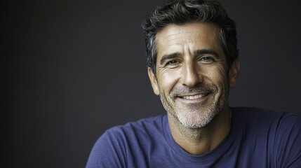 Obraz premium Young man smiling warmly, soft light enhancing his cheerful expression, minimal background.