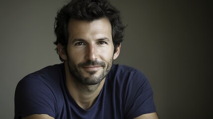 Fototapeta premium Young man smiling warmly, soft light enhancing his cheerful expression, minimal background.