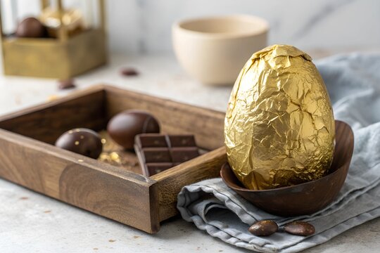 Luxurious chocolate egg wrapped in shimmering golden foil, evoking a sense of indulgence and festivity.