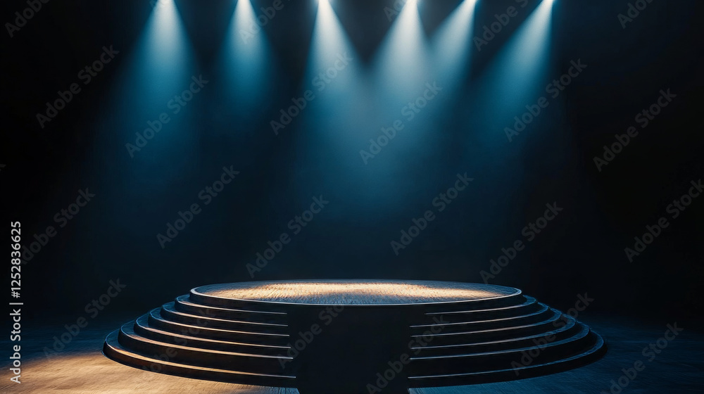 Poster stage illuminated by spotlights. empty podium with spot of light. vector realistic mockup of studio 