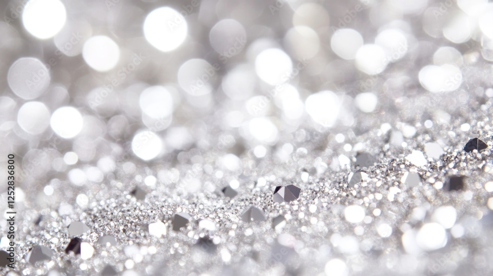 Poster close-up view of shimmering silver glitter particles creating a sparkling effect in soft light