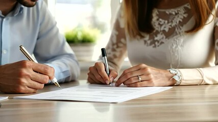 Couple Signing Prenuptial Agreement with Lawyers Present