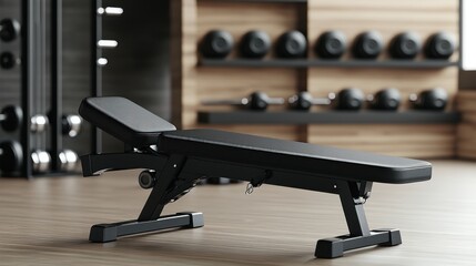 Fototapeta premium A black adjustable weight bench sits in a modern gym. Dumbbells are in the background, suggesting a workout environment. The bench is clean and well-maintained
