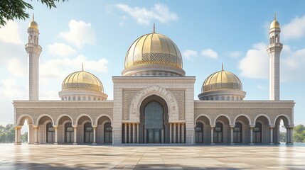 Majestic mosque with golden domes and minarets under a clear blue sky, surrounded by lush greenery