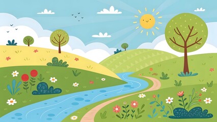 Obraz premium Serene Landscape with River, Trees, Sun and Colorful Flowers