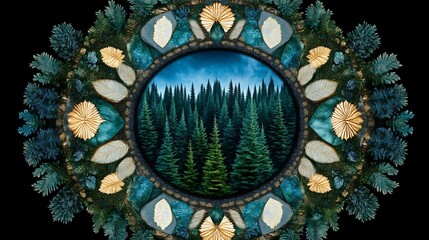 Serene Evergreen Forest Framed in Ornate Mandala Design