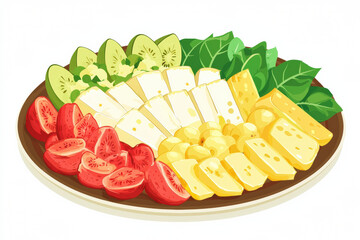 Delicious platter featuring assorted cheeses, fresh tomatoes, cucumbers, and greens, perfect for gatherings and celebrations