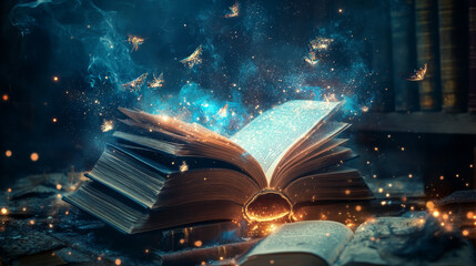 Flying magic books with mystery glow and sparkles in library with bookcases. Vector poster of literature presentation, festival or fair with fantasy cartoon illustration