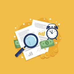 Financial Report Analysis Magnifying Glass Time Money