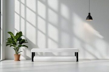 Minimalist Interior Design Featuring a White Bench, Green Plant, and Stylish Pendant Light in Natural Light