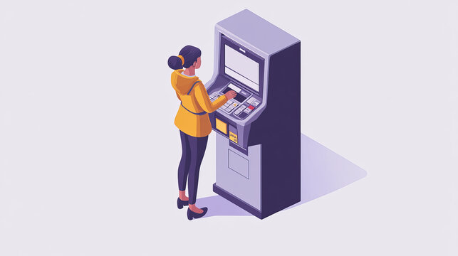 recommend clip art: Atm, automated teller machine isometric landing page. Woman enter password for operation or money withdraw. Banking terminal for finance service and currency transaction. 3d vector line art web banner