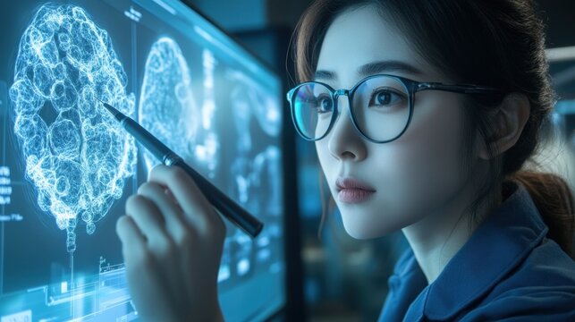 Scientist studying brain scan on digital screen.