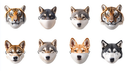 Fototapeta premium Animal face masks for social networks, selfie photo or video chat filter. Roar scary tiger, snake, rat and wolf or dog toothy muzzles and ears elements isolated on white background, cartoon vector set