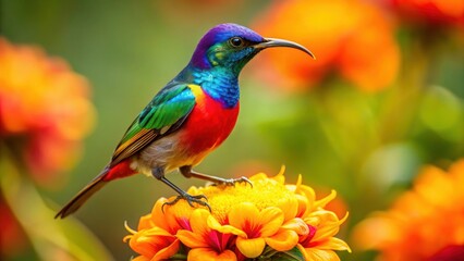 Obraz premium Vibrant sunbird perched on colorful flower, sunbird, vibrant, colorful, flower, bird, nature, wildlife, tropical