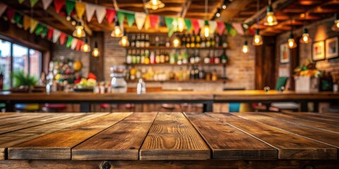 Wooden bar with Mexican restaurant background for product mockups, bar, table, Mexican style, restaurant, blurred