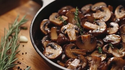 Fototapeta premium Saut champignon mushrooms in a cast iron skillet, glistening with butter and garlic, with sprigs of rosemary and a pinch of pepper flakes on a wooden table.