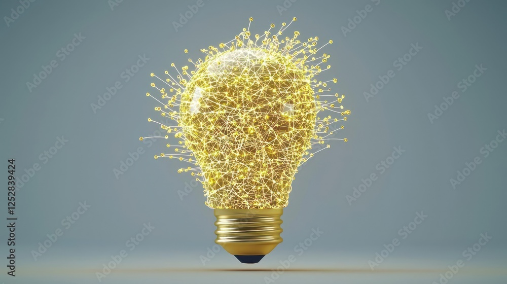 Poster golden lightbulb with exploding particles on gray background