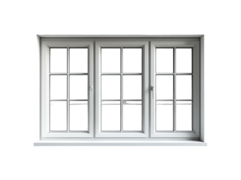 Tri-pane white window with grids, set against a black background, highlighting its design and structure.