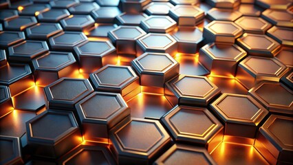 Enigmatic hexagons crafted from metal with a subtle glowing effect, mysterious, abstract, hexagons, metal, glowing