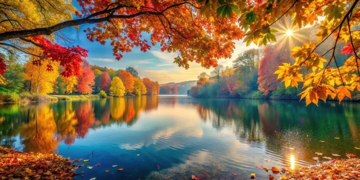 Enchanting autumn scene with colorful leaves and a peaceful lake ,  autumn, fall, magical, serene, foliage, colorful, tranquil