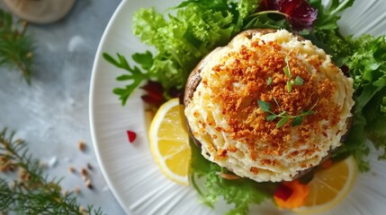 Stuffed champignon mushrooms filled with cheese and breadcrumbs, beautifully baked and served on a white plate with a side of fresh greens and a lemon wedge.