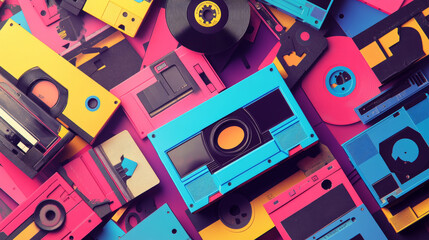 Retro mixtapes cartoon landing page with audio mix tapes falling into hypnotic pattern. Cassettes, media or music store ad in vintage style, analog multimedia devices, Vector illustration