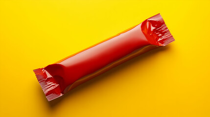A close-up of a long candy bar wrapped in glossy red packaging, placed on a bright yellow background.


