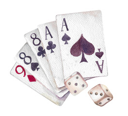 Dead Man's Hand card layout, Texas Hold'em poker cards Watercolor hand painted illustration