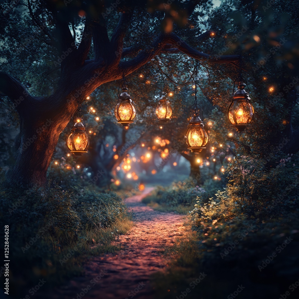 Poster an enchanted forest at twilight, with glowing lanterns hanging from the trees and sparkling paths