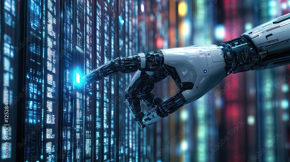 Poster a robotic hand scanning a matrix of encrypted data, illuminating security firewalls and ai pathways.