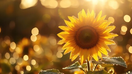 Naklejka premium Golden Hour Sunflower: A radiant bloom bathed in the warm glow of sunrise, showcasing nature's beauty and the joy of a new day.