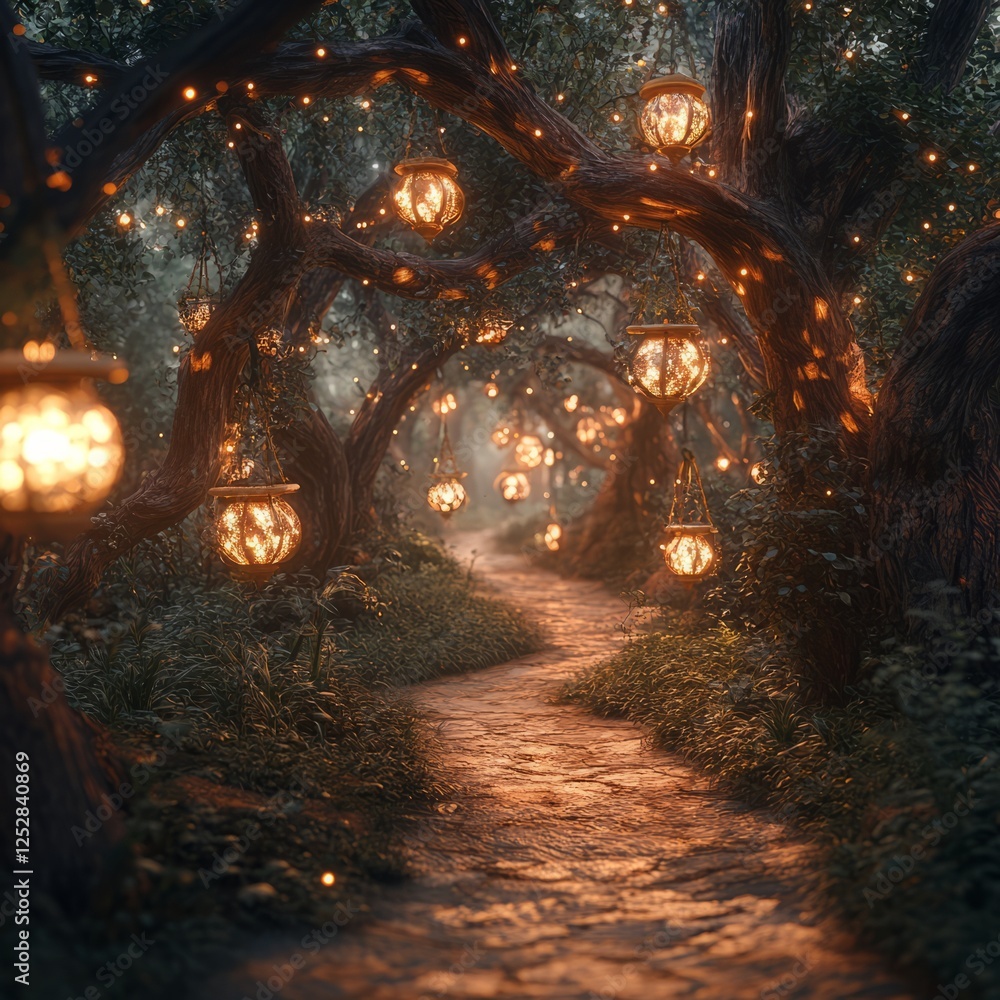 Poster an enchanted forest at twilight, with glowing lanterns hanging from the trees and sparkling paths