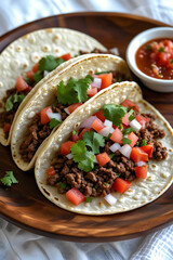 Close-up of three tacos, each filled with meat and adorned with tomatoes