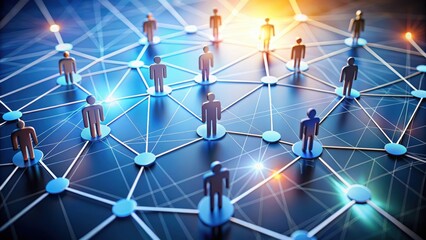 Internal communication network with words and arrows connecting different figures, communication, team