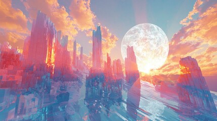 Obraz premium Futuristic Cityscape with Vibrant Sunlight and Moonlit Skies in an Abstract Artistic Interpretation for Digital Art Lovers and Visionaries