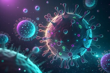 Obraz premium Colorful Digital Illustration of Virus Cells Under Microscope View