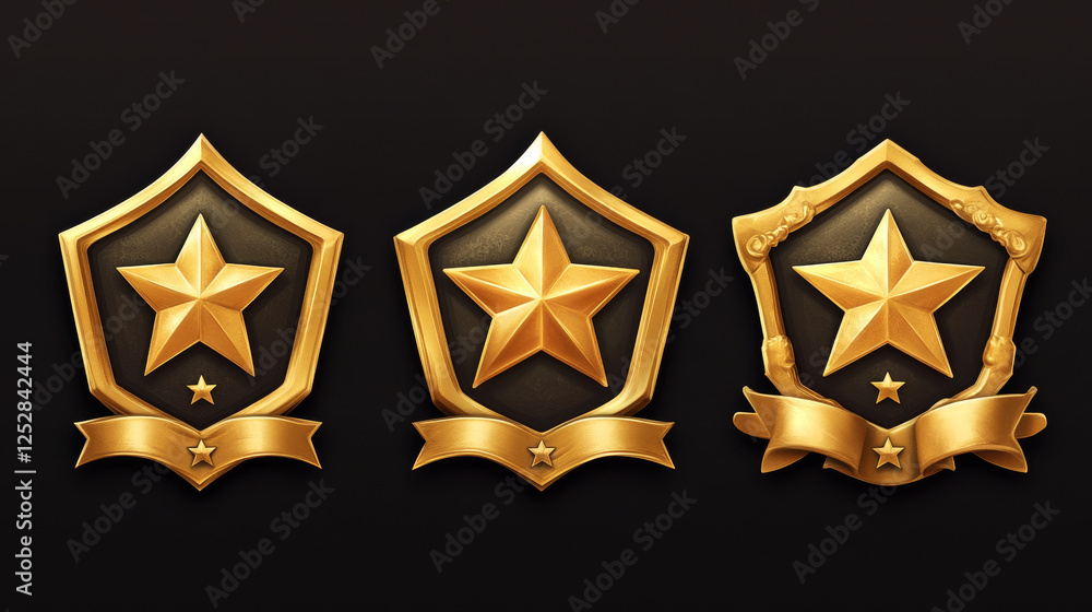 Aufkleber game golden badges of level number with rating stars isolated on background. vector cartoon icons se