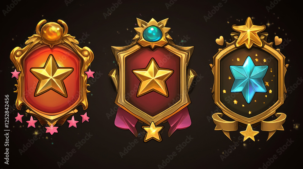 Aufkleber game golden badges of level number with rating stars isolated on background. vector cartoon icons se