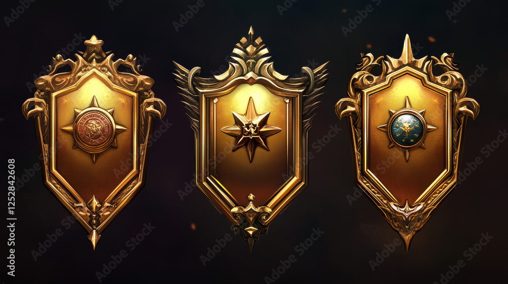 Aufkleber game golden badges of level number with rating stars isolated on background. vector cartoon icons se