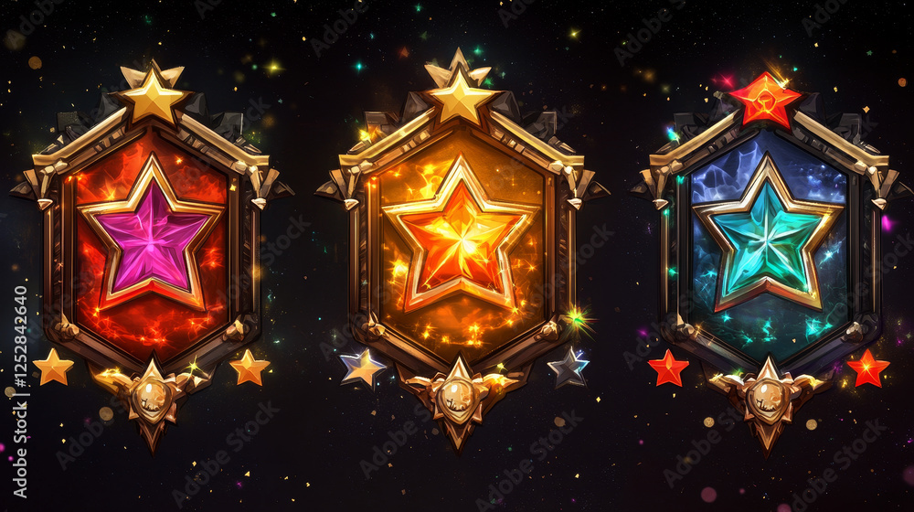 Aufkleber game golden badges of level number with rating stars isolated on background. vector cartoon icons se