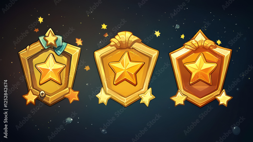 Poster game golden badges of level number with rating stars isolated on background. vector cartoon icons se