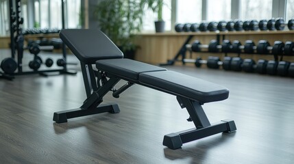 Fototapeta premium A black adjustable weight bench sits in a modern gym. Dumbbells are in the background, suggesting a workout environment. The bench is clean and well-maintained